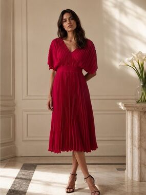 Express Pleated Midi Dress in Bright Red